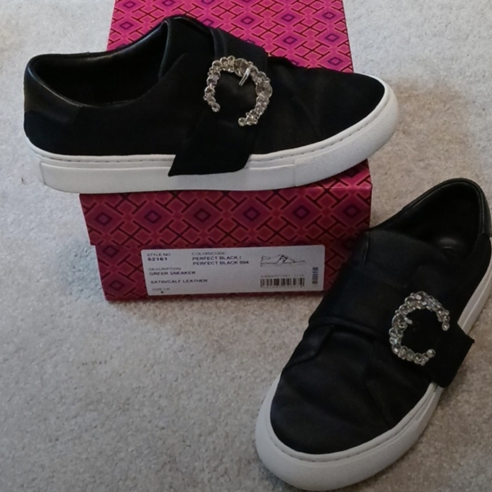 Tory Burch Greer Crystal Embellished Black Satin Sneakers